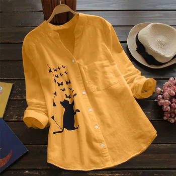 Mujer Blusa Camisa de cuello en V con Pliegues Gato de Impresión de Manga Larga Casual Tops Camisetas de Damas Blusas Lange Mouwen Blusas de las Señoras Tops