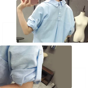 Mujer de la Blusa Camisas Blusas Vacaciones de Primavera Verano de Inflexión de la Manga Tops y Blusas Casuales de Lino Azul de la Playa de las Mujeres