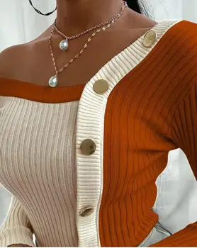 Mujer de los Suéteres de Moda Sexy de Punto Acanalado Superior Sólido de Manga Larga Sweate sin Tirantes Botón Decoración Suéter de la Vida Diaria