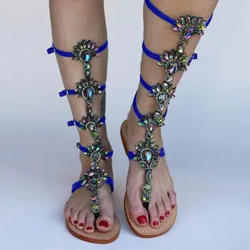 Mujer Sandalias Botas De Imitación De Diamante De La Señora De La Rodilla Botas Altas Delgadas Con Tacones De Aguja De Cristal Vestido De Verano Zapatos Sandalias Estilo De Bohemia