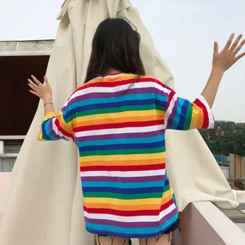 Mujeres Camiseta de Dulce arco iris de Rayas de Impresión Camisetas de Moda de manga Corta T-camisas de las Mujeres\'s O-Cuello de Camisetas Tops de corea harajuku
