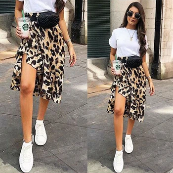 Mujeres Sexy De Leopardo Falda Abrigo Sobre Asimétrico Longitud De La Pantorrilla Faldas De Las Señoras De Verano Casual De Cintura Alta Vestido Delgado