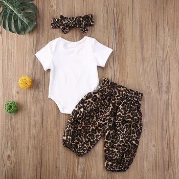 Multitrust 3Pcs Recién nacido Bebé Niñas Niños Ropa Establece la Carta de la Impresión del Leopardo de Manga Corta Mameluco Tops+Pantalones+Diadema