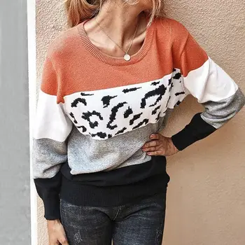 Muyogrt de la Moda del Leopardo de Patchwork Otoño Invierno 2020 Señoras Suéter de Punto de las Mujeres del O-cuello Lleno de Manga Puente 