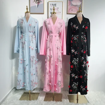 Más El Tamaño De Largo Kimono Cardigan Femme Mujer De Moda Abaya Las Mujeres Musulmanas Floral Bordado Chaqueta Blusa De Roupas Ropa Feminina