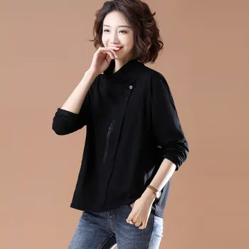 Más el Tamaño de las Mujeres de Manga Larga de Algodón T-shirts Nueva 2020 Otoño coreano Estilo Vintage Cuello Suelto Damas Casual Tops Camisetas S2032