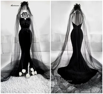 Más el Tamaño de Negro de la sirena Vestido de Novia Gótica con Flores Vestidos de Novia de 2021 Ilusión Apliques Vestido de Novia vestido de noiva