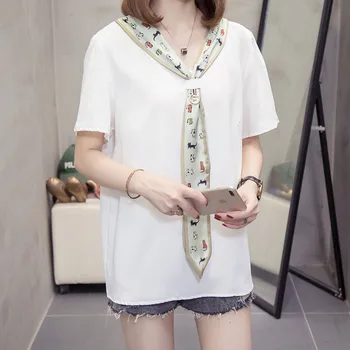 Más el tamaño de V-cuello de animal print lazo de patchwork con camisas de las mujeres de moda de verano de 2020 suelta de manga corta coreano blusa superior femenino