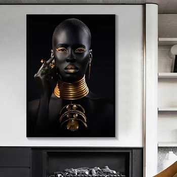 Negro africano de Oro de la Mujer con el Collar de la Pintura al Óleo sobre Lienzo Carteles y Grabados Escandinavos Arte de la Pared la Imagen de Vivir Decoración de la Habitación