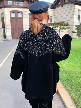 Negro de la Industria Pesada de Lentejuelas Costuras de la Chaqueta de las Mujeres 2021 Estilo coreano perezoso estilo de terciopelo de Algodón Acolchada chaqueta marea Frito Calle