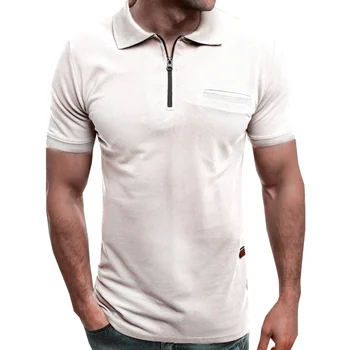 Negro de los Hombres de Color Sólido Gire hacia Abajo de Collar de Polo-Shirts 2020 de Verano para Hombre Polo-camisa de Manga Corta con Cremallera Blanco Tops Camisetas