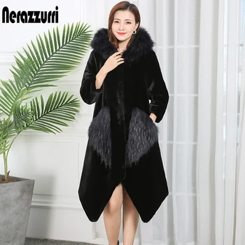 Nerazzurri para Mujer de la chaqueta de piel sintética con fox fur hood manga raglán frontal de piel bolsillos Irregular mullido abrigo de piel de imitación de las mujeres