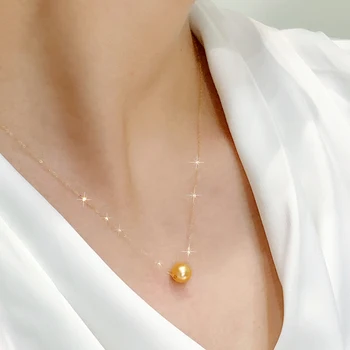 NINFA genuino de alta calidad 9-10 mm redondo de oro mar del sur de la perla collar y colgante con el real 18 k de oro,nuevo estilo[simple amor]