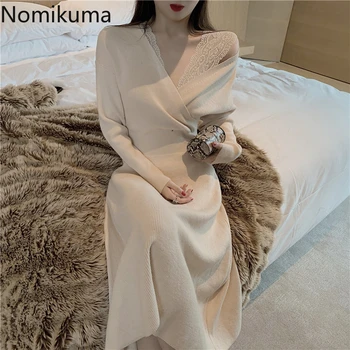 Nomikuma coreano Cruz V-cuello de Encaje Patchwork de tejidos de Punto Vestidos de Manga Larga Delgada de la Cintura Una línea de Vestido de Suéter 2020 Otoño Invierno 6D093