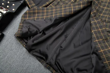 Nueva 2019 otoño invierno de las mujeres de negro de larga blazer con muescas collar negro pequeño bolso de la correa elegante de la tela escocesa asimétricas chaquetas prendas de abrigo