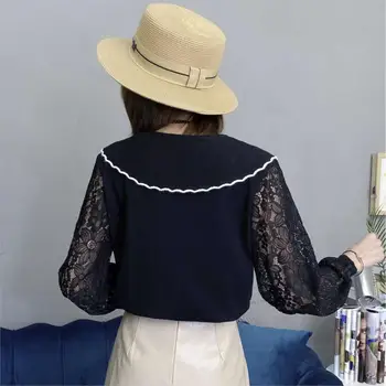Nueva 2020 Otoño de Encaje de costura Suéter de manga larga de las Mujeres de Punto, Tops Blanca coreana Pullovers Suéter