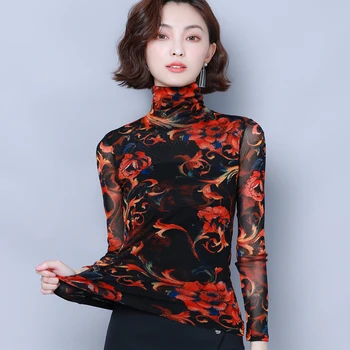 Nueva 2021 las Mujeres de la Moda Tops Casual Impreso de Cuello alto de las Mujeres Tops y Blusas de Manga Larga Camisetas de las Mujeres Más el Tamaño de 6120 50