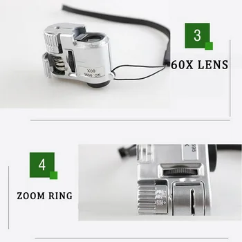 Nueva 60x Mano Lupa Mini Microscopio de Bolsillo Lupa UV Detector de Moneda Joyero de la Lupa Con Luz LED 92TV