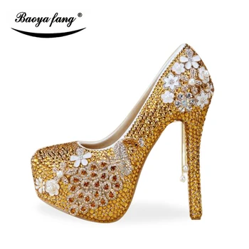 Nueva llegada de Oro de cristal de la mujer de la boda zapatos de Novia zapatos de tacón Alto vestido de fiesta de Bombas de zapatos de Alta Moda zapatos de Plataforma