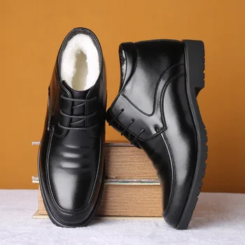 Nueva Llegada Zapatos de Invierno de los Hombres de Cuero Genuino de Calzado de Negocio de Negro de Alta superior Zapatos Calientes de la Felpa de los Hombres Casual Zapatos A2845