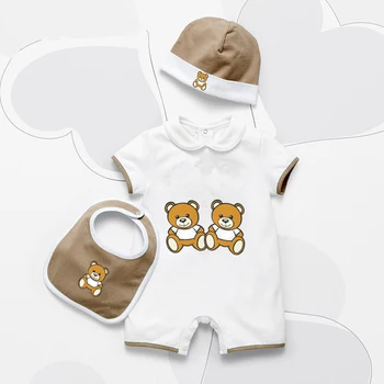Nueva moda de verano de estilo Británico recién nacido ropa de bebé Unisex de algodón a Cuadros rayas bebé recién nacido niño niñas peleles sombrero de 3 set de Baberos