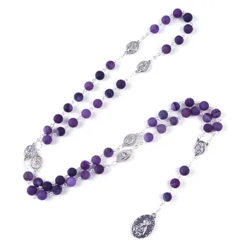 Nueva Moda Religiosa SIETE DOLORES Religiosa Púrpura de Piedra Natural Perlas de la Cadena Collar de Rosario