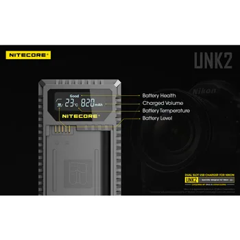 Nueva Nitecore UNK2 Dual USB Cargador Para Nikon EN-EL15 Batería D500 D600 D610 D750 D800 D800E D810 D810A V1 1V1 D850 D7000