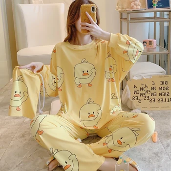 Nueva primavera lindo de la mujer de manga larga pijama conjunto de dibujos animados de pequeño pato amarillo o-cuello de las mujeres pijamas en casa con una bolsa de ropa