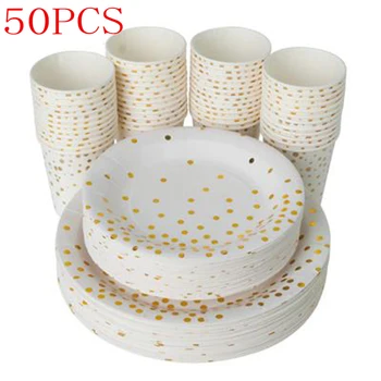 Nuevo 50 pcs/set de Oro blanco de Tazas de Placas de Plástico de la Horquilla Cuchillos Cucharas Desechables Claro Vajilla Conjunto de fuentes del Partido