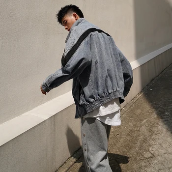 Nuevo Color Costuras de Contraste del Dril de algodón de los Hombres de Harajuku Gran Bolsillo de los pantalones Vaqueros Chaqueta Oversize de Otoño y de Invierno Chaquetas Cortaviento