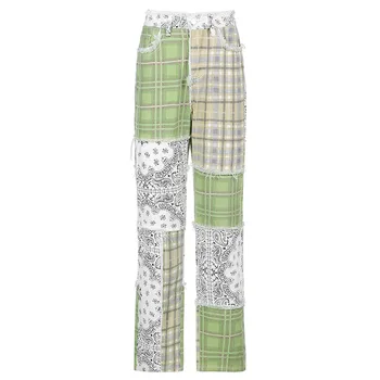 Nuevo hip hop de retazos de Jeans Rosa de retazos Sueltos de la tela Escocesa de Impresión de Bolsillo de Empalme de la Pierna Recta Pantalones Vaqueros Pantalones para mujer