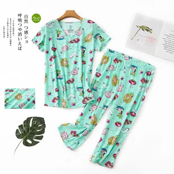 Nuevo Más el Tamaño de Pijama para Mujer de Verano de manga Corta de la Pantorrilla de la Longitud de los Pantalones de Pijama Mujer V-Cuello de la Impresión Loungewear Pijamas ropa de dormir