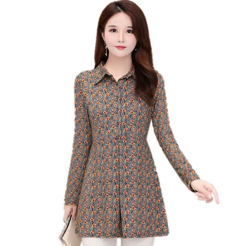 Nuevo Otoño 2020 coreano de la Moda de Ropa de Mujer Casual Más el Tamaño de L-5xl Peplum Floral de la Impresión Bolsillos de Algodón Larga T Camisa 8143