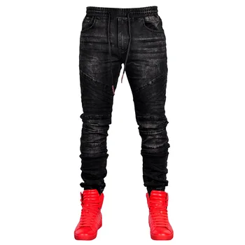 Nuevo Rayado Espesar pantalones vaqueros de los Hombres de túnica Delgada Moto del Motorista Jeans Sólido de Algodón de Alta elasticidad de Lápiz Pantalones Largos 2020 Hombres Casual de Costu