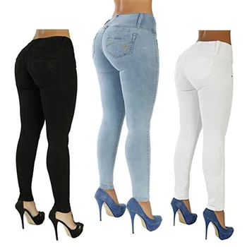 Nuevo S-3XL Más el Tamaño de los pantalones Vaqueros de Mujer de Cintura Alta del Tramo Lápiz Elástica Azul MomJean Pantalones Skinny Elasticidad de los Pantalones de las Mujeres del Dril de algodón