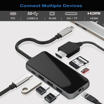 Nuevo Tipo C Hub USB a HDMI RJ45 Puertos USB 3.0 SD/TF Lector de Tarjetas USB-C de la Entrega de Potencia para el MacBook Pro Con enfermedad de parkinson