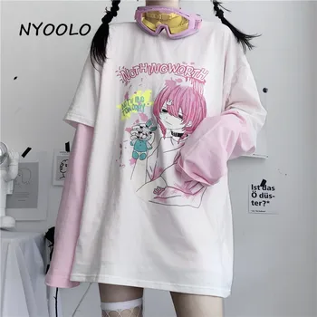 NYOOLO 2020 Otoño de Anime de dibujos animados chica nada que valga la pena letras de impresión falsa de la pieza 2 patchwock camiseta de manga larga de las mujeres 