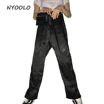 NYOOLO Vintage diseño especial de dragon tótem dobby cintura elástica de longitud completa recta pantalones de las mujeres/de los hombres de streetwear
