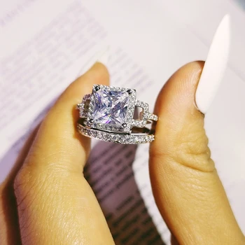 Original pincess corte zirconia anillo de boda conjunto de las mujeres de la novia el compromiso de la Joyería de la Banda de la eternidad regalo R4861