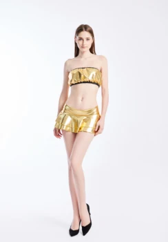 Oro Brillante Bajo Sexy Cintura Luminoso Minifalda Mujeres Metálico Imitación de Cuero Plisado discoteca Bar de la PU de la Fantasía Mini Falda