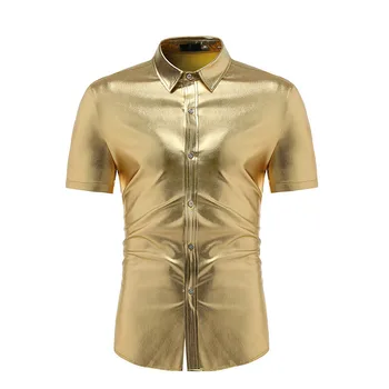 Oro brillante Metálico Recubierto de Camiseta de los Hombres 2020 para Hombre de la Moda DJ Discoteca Camisas Slim Fit Chemise Homme de Hip Hop de la Calle de la Camisa de los Hombres