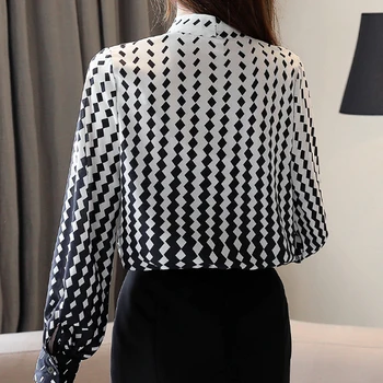 Otoño blusa de las mujeres 2019 señoras tops arco de impresión de la gasa de la blusa botón Plaid camisas de manga larga blusas femininas ropa 0332