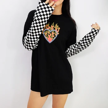 Otoño de costura de la llama de tablero de ajedrez de mangas largas de la diversión de hip hop femenino T-camisa suelta de gran tamaño celosía Harajuku nueva camiseta de Algodón