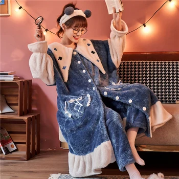 Otoño Invierno de Coral de Terciopelo Pijamas para Mujeres Engrosada Además de ropa de dormir de Franela Lindo Hogar Servicio se Adapte a Dormir Pijama