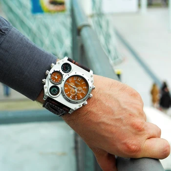 Oulm Diseño Único Relojes de los Hombres de Lujo de la Marca Masculino Reloj de Cuarzo de Gran Tamaño de Dos Zona horaria Casual reloj de Pulsera relogio masculino