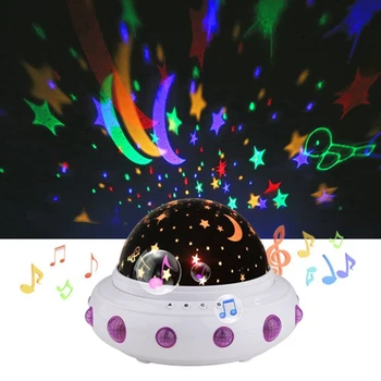 OVNI en Forma de Música Estrellado Estrella de los Secuaces de Proyección de Luz de la Noche Romántica Girar LED USB de la Batería de la Lámpara de Mesa para Bebé de Dormir de los Niños
