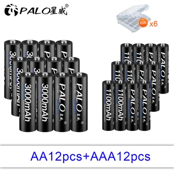 PALO 12pcs 1.2 V 3000mAh recargable AA+12pcs 1100mAh AAA Batería Recargable de nimh de baja auto-descarga aa aaa batería
