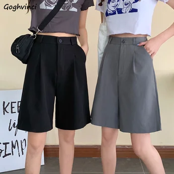 Pantalones cortos de las Mujeres de Verano Envuelto Suelto de pierna Ancha Mosca de Botón de Ocio Elegante Estilo coreano de la Mujer de la Rodilla-longitud de Todos-partido Nueva Moda Chic