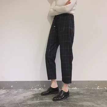 Pantalones de las Mujeres de Tobillo-Longitud de Harén Pantalones de Cordón Elegante de la tela Escocesa de Mediados de la Cintura de la Mujer Sencilla partido Señoras Retro Estilo coreano Nuevo