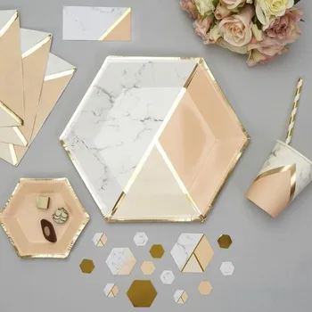 Patrón de mármol vajillas conjunto desechable plato de papel de paja de la copa de Oro Rosa para la boda de cumpleaños decoración de la parte sua